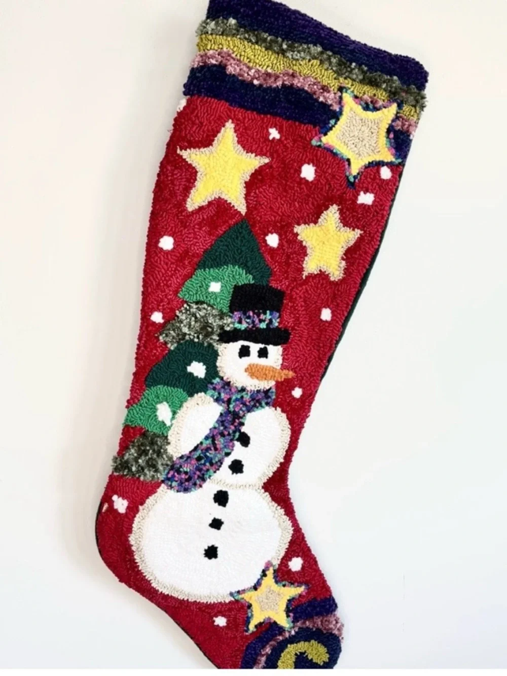 Giant Hooked Wool Christmas Stocking Whimsical Snowman 3 Feet Long